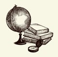 Vector still life: a globe, books, map and compass Royalty Free Stock Photo