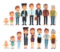 Age from baby to adult. Human growth progress young to old newborn and teenager, man and woman vector set