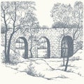 Vector landscape. Old stone bridge in the park Royalty Free Stock Photo