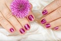 Age manicure for senior woman. Hands with pink nails. Royalty Free Stock Photo