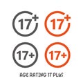 Age rating 17 plus movie icon. Under 17 years sign mark simple flat style vector illustration