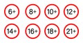 Age restriction from 10, 12, 14, 18, 16, 21 years old. Age restriction icons. Limit year plus. warning and forbidden badge. Legal