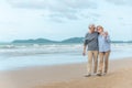 Age, Travel, Tourism and people concept - happy senior couple holding hands and walking on summer beach