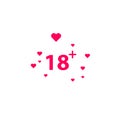 18 age warning stamp with hearts, Vector illustration. Flat design Royalty Free Stock Photo