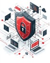 Protect Your Digital Fortress with a Red Shield Surrounded by Cybersecurity Devices for Ultimate Data Protection