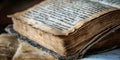 Aged ancient book with weathered pages and faded text on rustic table Armenian Royalty Free Stock Photo