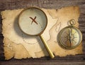 Aged antique nautical compass and magnifying glass