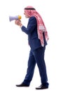 Old arab businessman holding megaphone isolated on white Royalty Free Stock Photo