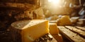 Aged artisan cheese in a rustic cellar bathed in warm sunlight. wheel of cheese on wooden shelves. culinary tradition