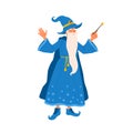 Aged bearded mage conjure with magic wand. Portrait of old magician practicing wizardry. Cute wise sorcerer in magical