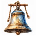 Aged Blue and Gold Metal Bell with Rope Royalty Free Stock Photo