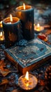 Aged Book of Spells Open on an Altar of Candles The words blur with the wax