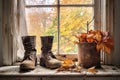 aged boots on a windowsill with autumn leaves