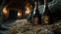 Aged bottles of wine in a dark cellar Royalty Free Stock Photo