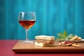 aged cheese spread on a cracker with red wine backdrop Royalty Free Stock Photo