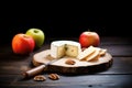 aged comte cheese with apple slices and walnut halves