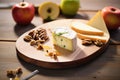 aged comte cheese with apple slices and walnut halves