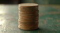 Aged Copper Coins Stacked on Dark Green Surface Royalty Free Stock Photo