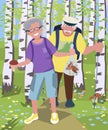 Aged couple hiking at birch grove