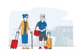 Aged Couple Voyage. Senior Male Female Tourist Characters with Luggage Boarding on Airplane for Trip