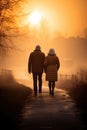 aged couple walking away in a sunny winter road. back view, rear view, full view.