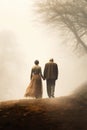 aged couple walking side by side in a sunny winter rural road. back view, rear view, full view. Royalty Free Stock Photo