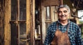 Aged craftsman standing and smiling in front of his rustic workshop
