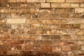 Aged partially crumbled brown brick wall background