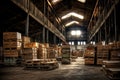 An aged and dilapidated warehouse with crates protruding