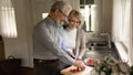 Aged family couple cooking meal at kitchen in cozy house Royalty Free Stock Photo