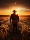 Aged farmer in hat and jacket walks by the field of dry, ripe wheat at sunset. Harvesting time at farmlands. Generative AI