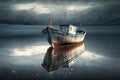 Aged Fisherman Boat in with Reflection in wintertime, calm sea with ice, AI Generative