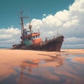 Aged fishing craft rests upon sandy coastline, nostalgic maritime scene