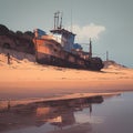 Aged fishing craft rests upon sandy coastline, nostalgic maritime scene