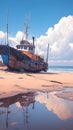 Aged fishing craft rests upon sandy coastline, nostalgic maritime scene