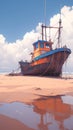 Aged fishing craft rests upon sandy coastline, nostalgic maritime scene