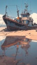 Aged fishing craft rests upon sandy coastline, nostalgic maritime scene