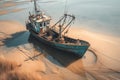 Aged fishing craft rests upon sandy coastline, nostalgic maritime scene