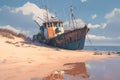 Aged fishing craft rests upon sandy coastline, nostalgic maritime scene