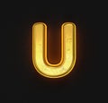 Aged gold brassy font with yellow outline and backlight - letter U isolated on black background, 3D illustration of symbols Royalty Free Stock Photo
