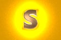 Aged gold or copper metalline font with intense yellow noisy backlight - letter S isolated on orange background, 3D illustration