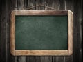 Aged green blackboard hanging on wooden wall