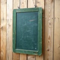 Aged green menu blackboard hanging on wooden wall Royalty Free Stock Photo