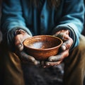 Aged hands clutch empty bowl, selective focus conveying the harshness of poverty Royalty Free Stock Photo