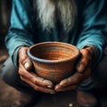 Aged hands clutch empty bowl, selective focus conveying the harshness of poverty Royalty Free Stock Photo