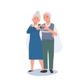 Aged Happiness and Love concept. Cute Happy Elderly Couple Making Heart Shape Hand Gesture. Flat vector cartoon illustration Royalty Free Stock Photo