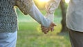 Aged husband and wife holding hands, togetherness and romantics, close-up