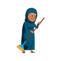 aged islamic woman sweeping backyard floor with broom cartoon vector