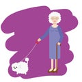 Aged lady walking with white fluffy dog. Old women, elderly grandmother with pet. Vector illustration