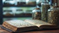 Aged Leather-Bound Book and Herbal Storage Jars in Vintage Apothecary